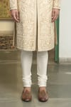 Gargee Designers_Beige Raw Silk Embroidered Thread Badami Kundan Kashmiri Sherwani Churidar Set _Online_at_Aza_Fashions