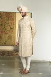 Buy_Gargee Designers_Beige Raw Silk Embroidered Thread Badami Kundan Kashmiri Sherwani Churidar Set _Online_at_Aza_Fashions