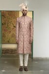 Buy_Gargee Designers_Pink Raw Silk Embroidered Thread Khubani Nooran Sherwani Churidar Set _at_Aza_Fashions