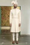 Gargee Designers_Ivory Poly Silk Embroidered Thread Mogra Ojal Geometric Sherwani Churidar Set _Online_at_Aza_Fashions