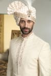 Gargee Designers_Ivory Poly Silk Embroidered Thread Mogra Ojal Geometric Sherwani Churidar Set _at_Aza_Fashions