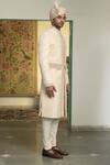 Buy_Gargee Designers_Peach Poly Silk Embroidered Gulabhari Khwaab Floral Sherwani Churidar Set _at_Aza_Fashions