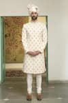 Buy_Gargee Designers_Ivory Linen Flex Embroidered Thread Samsara Nazaar Floral Sherwani Churidar Set _at_Aza_Fashions