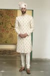 Gargee Designers_Ivory Linen Flex Embroidered Thread Samsara Nazaar Floral Sherwani Churidar Set _Online_at_Aza_Fashions