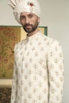 Shop_Gargee Designers_Ivory Linen Flex Embroidered Thread Samsara Nazaar Floral Sherwani Churidar Set _Online_at_Aza_Fashions