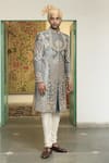 Buy_Gargee Designers_Blue Velvet Embroidered Zari Jaituni Aala Sherwani Churidar Set _at_Aza_Fashions