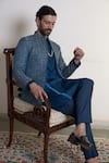 Gargee Designers_Blue Polyester Jacquard Woven Diamond Neelam Chakor Bandhgala Pant Set _at_Aza_Fashions