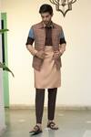 Buy_Gargee Designers_Brown Silk, , Satin Chequered Bundi Kurta Set _at_Aza_Fashions