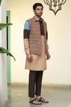 Gargee Designers_Brown Silk, , Satin Chequered Bundi Kurta Set _at_Aza_Fashions