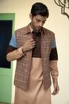 Shop_Gargee Designers_Brown Silk, , Satin Chequered Bundi Kurta Set 