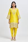 Surabhi Arya_Yellow Bamberg Silk Embroidered Placed Floral Dori Kurta Dhoti Pant Set _at_Aza_Fashions