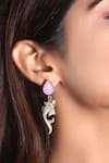 Buy_Noor_Pink Rose Quartz Stones Embellished Fish Carved Dangler Earrings _at_Aza_Fashions