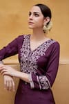 Seher Jaipur_Purple Muslin Silk Embroidery Floral V Neck Amara Kurta Set _at_Aza_Fashions