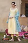 Seher Jaipur_Yellow Muslin, Silk, Chiffon Embroidery Round Inaya Flower Sleeve Anarkali Set _Online_at_Aza_Fashions