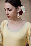 Shop_Seher Jaipur_Yellow Muslin, Silk, Chiffon Embroidery Round Inaya Flower Sleeve Anarkali Set 