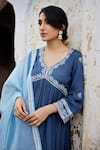 Seher Jaipur_Blue Muslin Silk Embroidery Floral V Neck Sofia Anarkali Set _at_Aza_Fashions