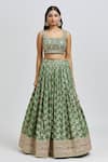 Buy_MeenaGurnam_Green Blouse Russian Silk Woven Floral Square Neck Blossom Pattern Lehenga Set _Online_at_Aza_Fashions