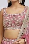 Shop_MeenaGurnam_Pink Blouse Russian Silk Woven Floral Square Flower Blossom Pattern Lehenga Set _Online_at_Aza_Fashions