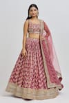 MeenaGurnam_Pink Blouse Russian Silk Woven Floral Square Flower Blossom Pattern Lehenga Set _at_Aza_Fashions