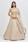 Buy_MeenaGurnam_Beige Blouse And Lehenga Russian Silk Embroidery Foil Scoop Floral Mirror Set _at_Aza_Fashions