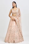 Buy_MeenaGurnam_Peach Blouse And Lehenga Russian Silk Embroidery Foil Scoop Flower Mirror Set _at_Aza_Fashions