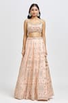 Buy_MeenaGurnam_Peach Blouse And Lehenga Russian Silk Embroidery Foil Scoop Flower Mirror Set _Online_at_Aza_Fashions