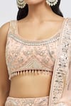 Shop_MeenaGurnam_Peach Blouse And Lehenga Russian Silk Embroidery Foil Scoop Flower Mirror Set _Online_at_Aza_Fashions