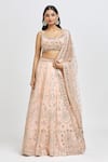 MeenaGurnam_Peach Blouse And Lehenga Russian Silk Embroidery Foil Scoop Flower Mirror Set _at_Aza_Fashions