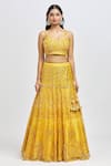 Buy_Meenagurnam_Yellow Net Sequins, Mirrors Round Neck And Embroidered Lehenga Set _Online_at_Aza_Fashions