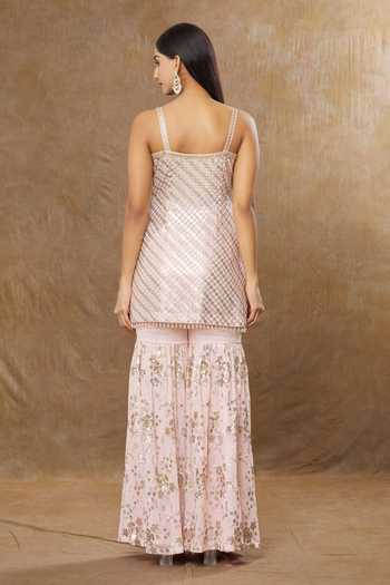 Shop_Meenagurnam_Pink Kurta And Sharara Georgette Embroidery Sequins Sweetheart & Sitara Set _at_Aza_Fashions