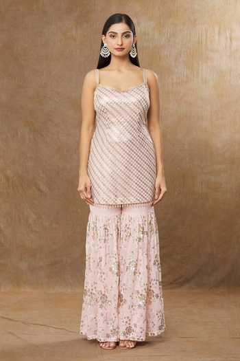 Meenagurnam_Pink Kurta And Sharara Georgette Embroidery Sequins Sweetheart & Sitara Set _Online_at_Aza_Fashions