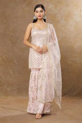 Buy_Meenagurnam_Pink Kurta And Sharara Georgette Embroidery Sequins Sweetheart & Sitara Set _Online_at_Aza_Fashions