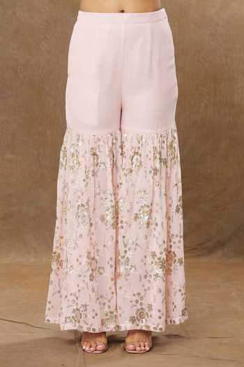 Meenagurnam_Pink Kurta And Sharara Georgette Embroidery Sequins Sweetheart & Sitara Set _at_Aza_Fashions