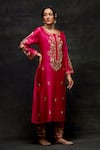 Shop_Anantaa by Roohi_Fuchsia Silk Chanderi Embroidery Zardozi Round Flower Kurta And Pant Set _Online_at_Aza_Fashions