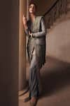 Buy_JAYANTI REDDY_Grey Banaras Silk Embroidered Zardozi Mandarin Saree Jacket Set _at_Aza_Fashions