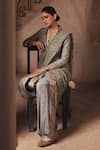 Shop_JAYANTI REDDY_Grey Banaras Silk Embroidered Zardozi Mandarin Saree Jacket Set _at_Aza_Fashions