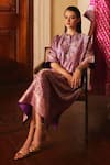 Buy_JAYANTI REDDY_Purple Banaras Silk Embroidered Zardozi Notched Floral Woven Kaftan  _at_Aza_Fashions