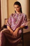 JAYANTI REDDY_Purple Banaras Silk Embroidered Zardozi Notched Floral Woven Kaftan  _Online_at_Aza_Fashions