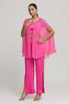 Buy_Samyukta Singhania_Pink Cape Organza Embellished Sequin Blouse Round Crystal Pant Set _at_Aza_Fashions