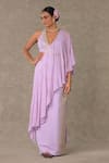 Buy_Masaba_Purple Scuba Embroidered Dori And Sequin Work Plunged V Neck Trikone Saree Gown_at_Aza_Fashions