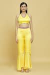 Shop_Khwaab by Sanjana Lakhani_Yellow Blouse And Pant Satin Georgette Plain Sequin Embellished Border Set _Online_at_Aza_Fashions