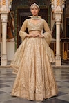 Buy_Neha Khullar_Beige Net Woven Geometric Patterns Sweetheart Neck Bridal Lehenga Set 