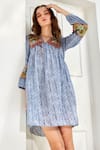 Buy_Bhanuni By Jyoti_Blue Viscose Printed Floral Stripe V Neck Linne Embroidered Tunic Dress_Online_at_Aza_Fashions