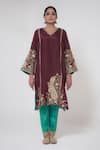 Shop_Wazir C_Wine Silk Embroidery Kashmiri Golden Tilla V Neck Fleur Kurta Pant Set _Online_at_Aza_Fashions