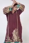 Shop_Wazir C_Wine Silk Embroidery Kashmiri Golden Tilla V Neck Fleur Kurta Pant Set 