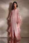 Shloka Khialani_Peach Crepe Embroidered Pearl V-neck Cece Tassel Bodice Kaftan  _Online_at_Aza_Fashions