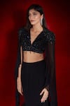 Shop_Shloka Khialani_Black Georgette Embroidered Bead Cape Open Elana Mermaid Skirt Set  _at_Aza_Fashions