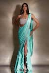 Buy_Shloka Khialani_Blue Georgette Elise Pearl Tassel Edge Pre-draped Saree With Blouse  _at_Aza_Fashions