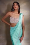 Shop_Shloka Khialani_Blue Georgette Elise Pearl Tassel Edge Pre-draped Saree With Blouse  _at_Aza_Fashions