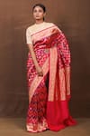 Buy_Pinki Sinha_Pink Muga Silk Handwoven Chevron Vine Banarasi Saree_at_Aza_Fashions